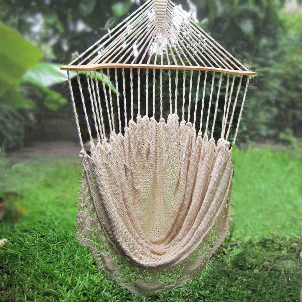 Beige sitting hammock chair- natural cotton hammock chair fringe and spreader bar 